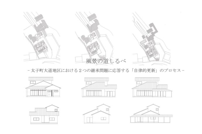 Three isometric site views of a building at top, with a Japanese title 風景の道しるべ and subtitle about two legacy issues and an autonomous renewal process, followed by nine house elevations in a 3×3 grid.